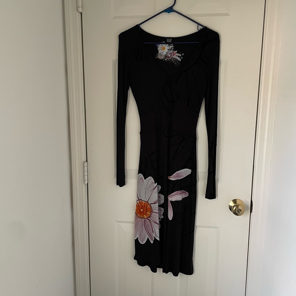 Desigual Black Sheath Dress Long Sleeve Crew Neck
